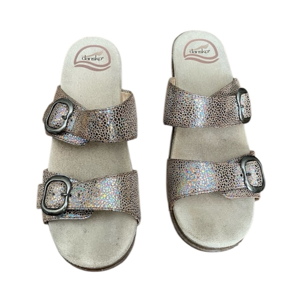 Dansko Heels Sandals Comfort Wedge Slide Gold Iridescent Leather Clogs 38 7.5-8 - Picture 3 of 7